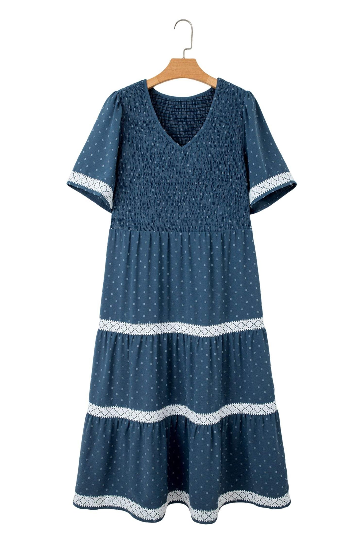 Dusk Blue Plus Size V Neck Swiss Dot Lace Patchwork Detail Flared Midi Dress