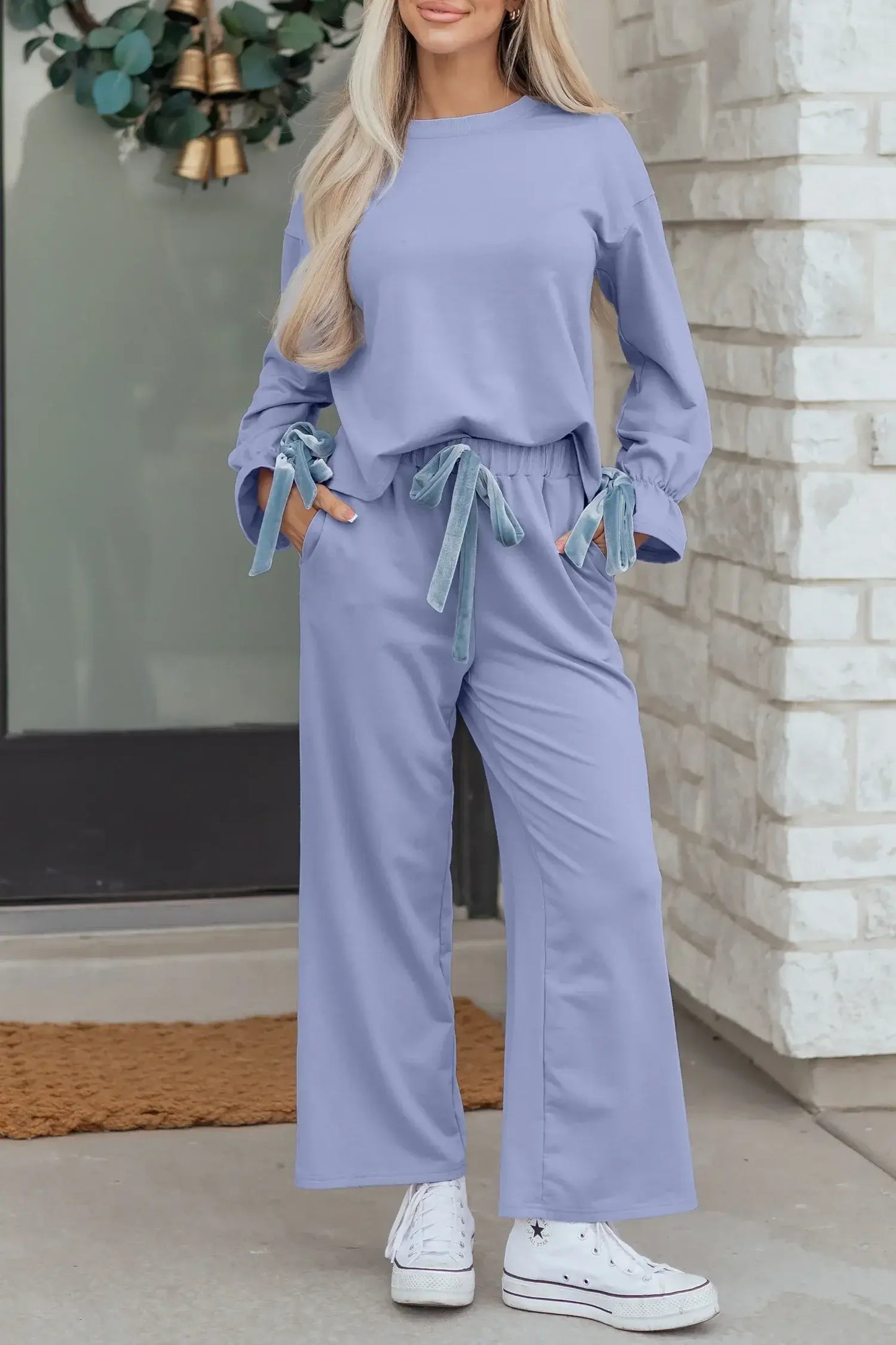 Beau Blue Flounce Long Sleeve Top Drawstring Pants Contrast Velvet Bow Knot 2pcs Lounge Set - Sweet Fashion Wholesale