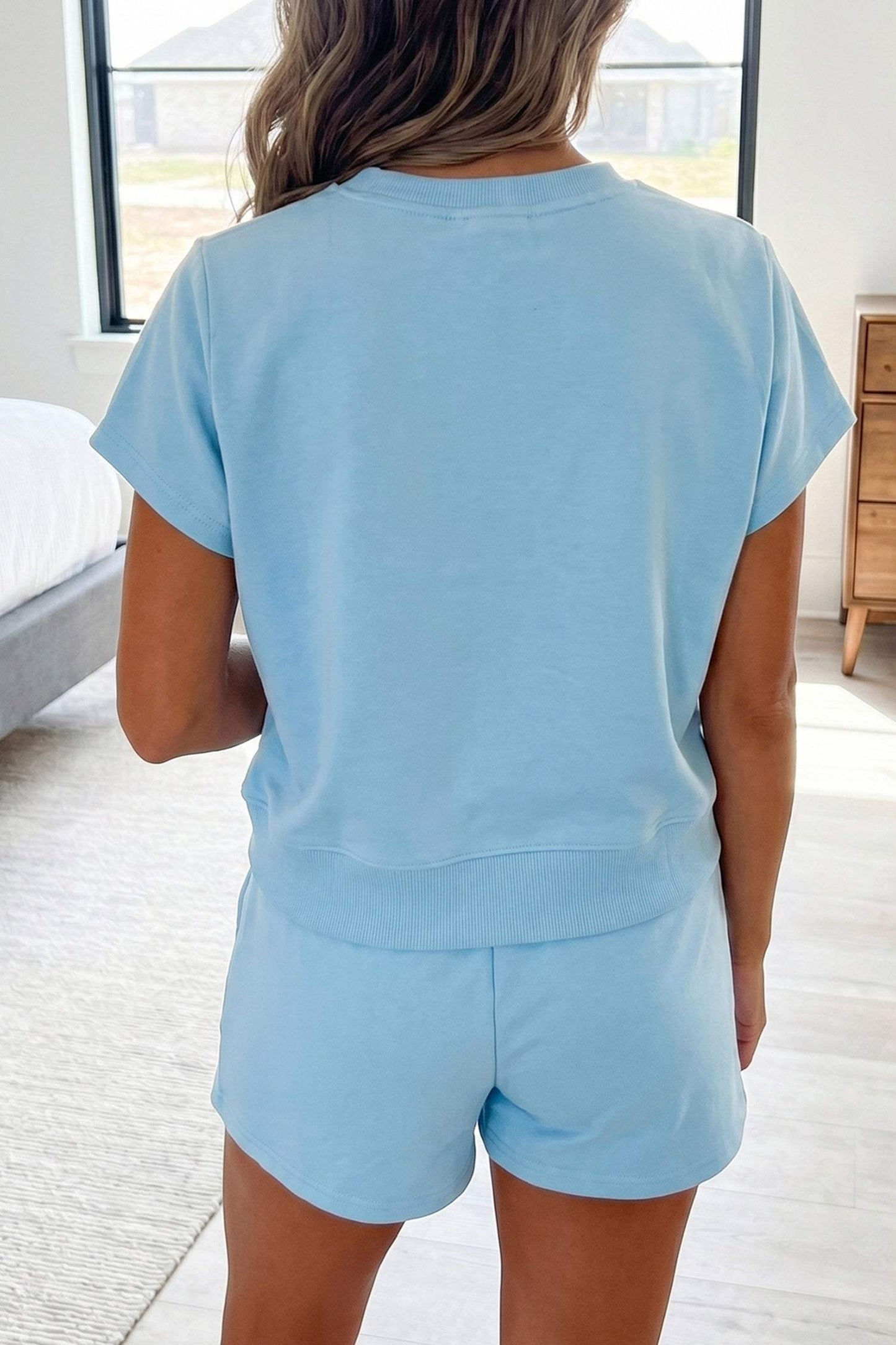 Mist Blue Solid Color Loose Tee Drawstring Shorts 2pcs Outfit