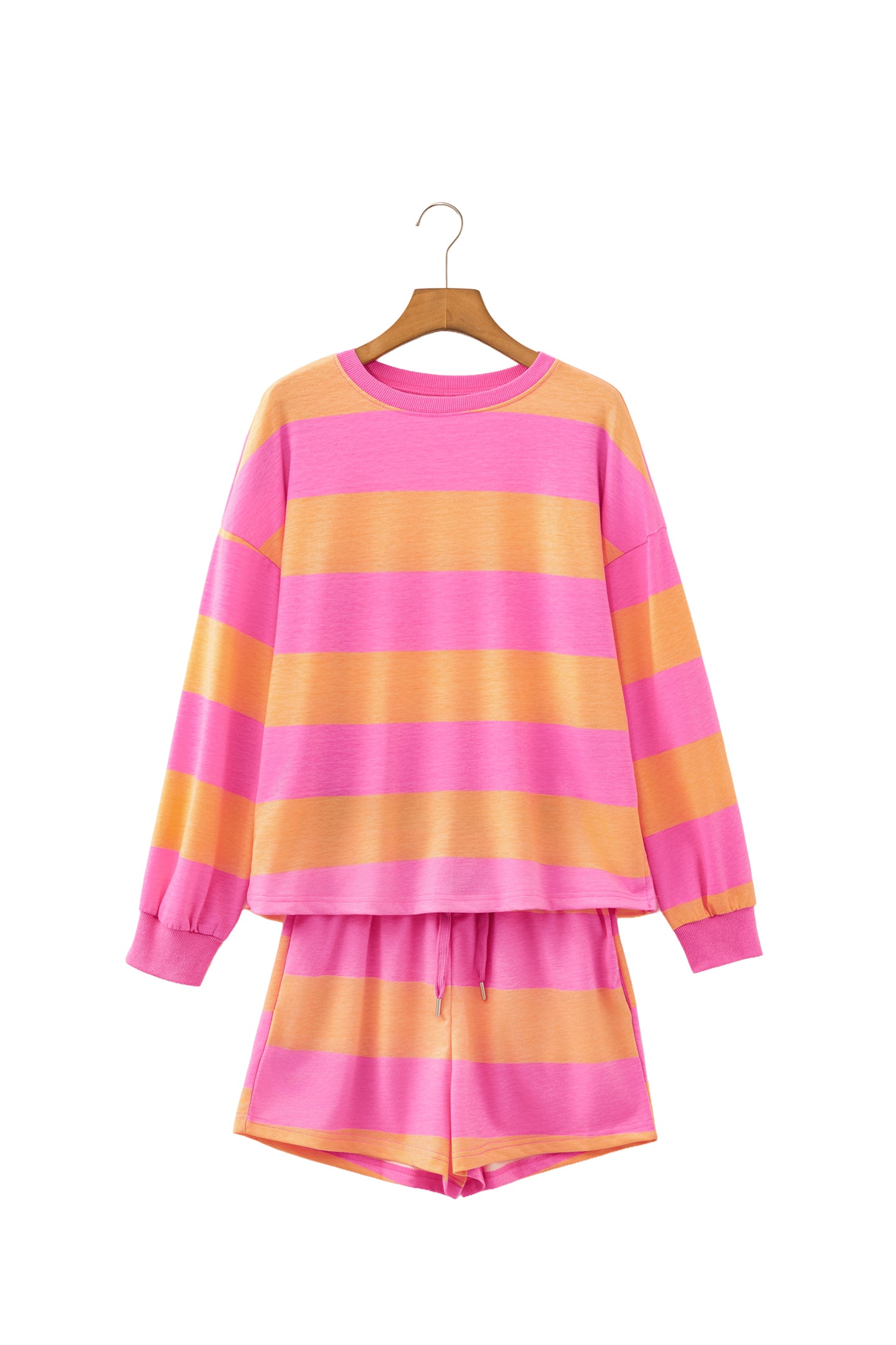Pink Stripe Long Sleeve Casual Top Drawstring Shorts 2pcs Set