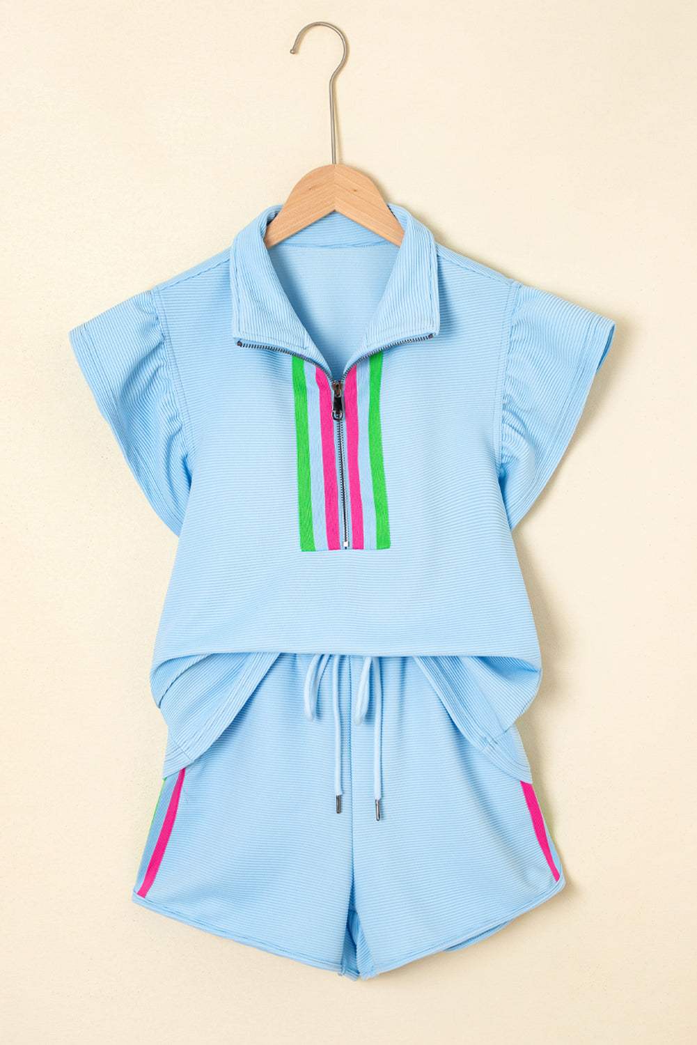 Strawberry Pink Striped Detail Flutter Sleeve Zipped Collar Short Set