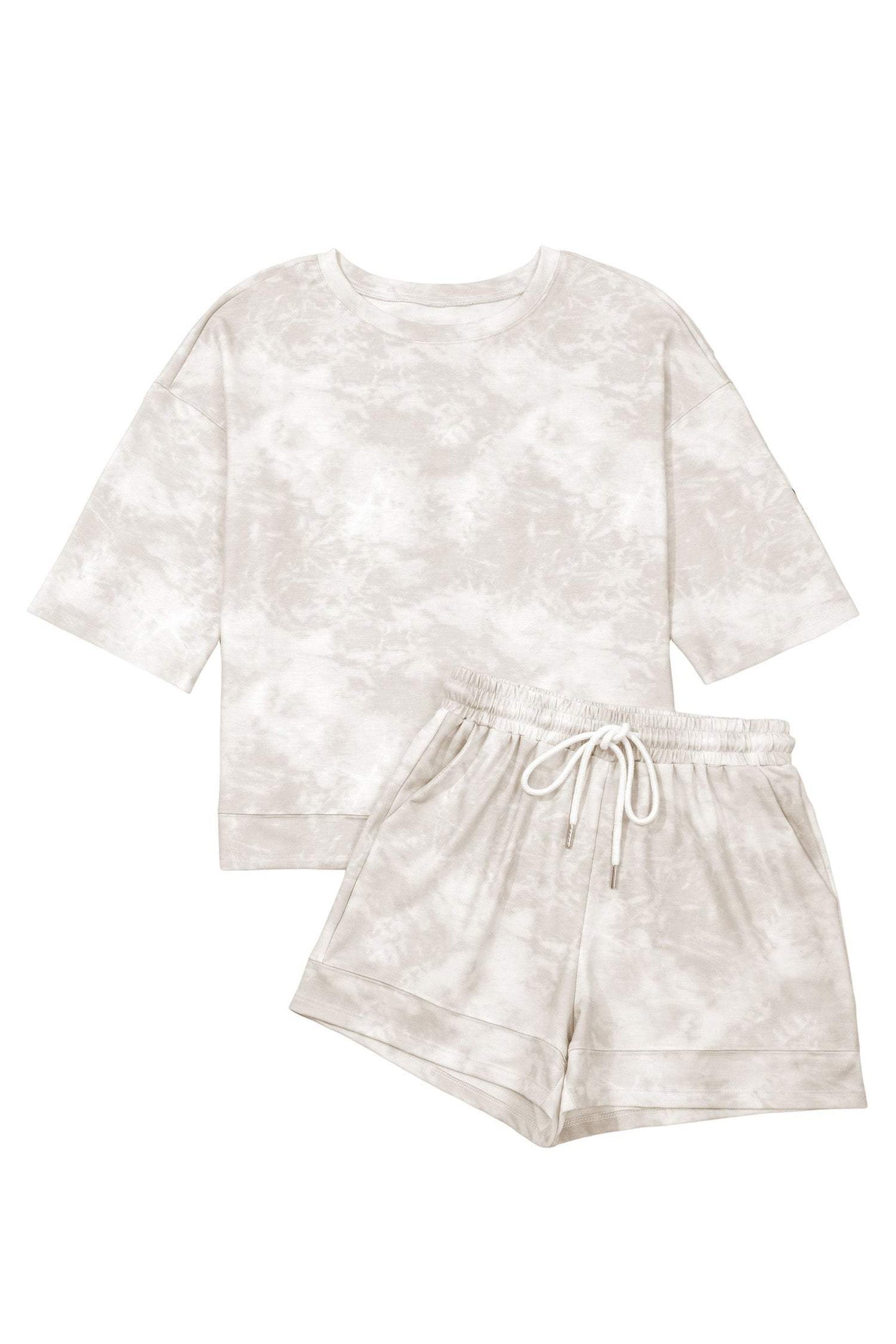 Beige Vintage Tie Dye Bracelet Sleeve Drawstring Elastic Waist 2pcs Short Set