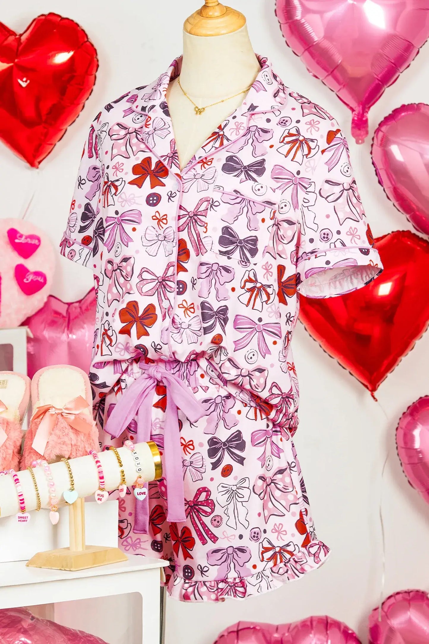Pink Cute Ribbon Bows Printed 2pcs Short Pajama Set - Sweet Fashion Wholesale