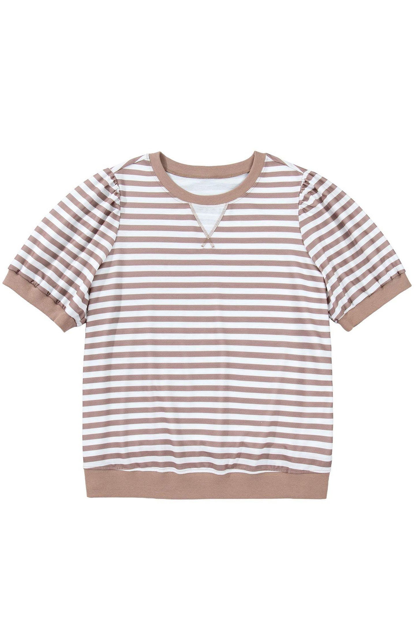 Orange Stripe Ribbed Trim Round Neck Short Puff Sleeve Plus T Shirt