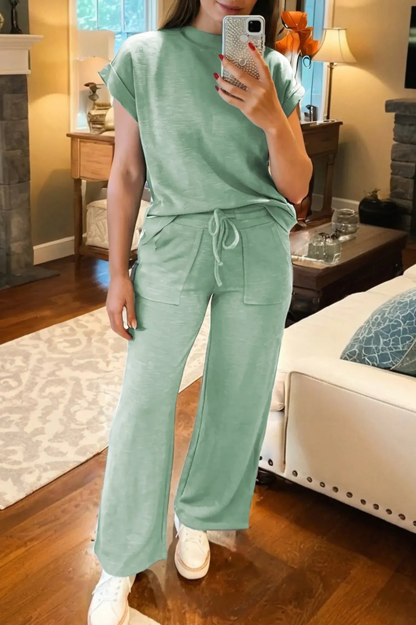 Canton Cuffed Short Sleeve Tee Raw Seam Patch Pocket Drawstring Pants Set - Sweet Fashion Wholesale