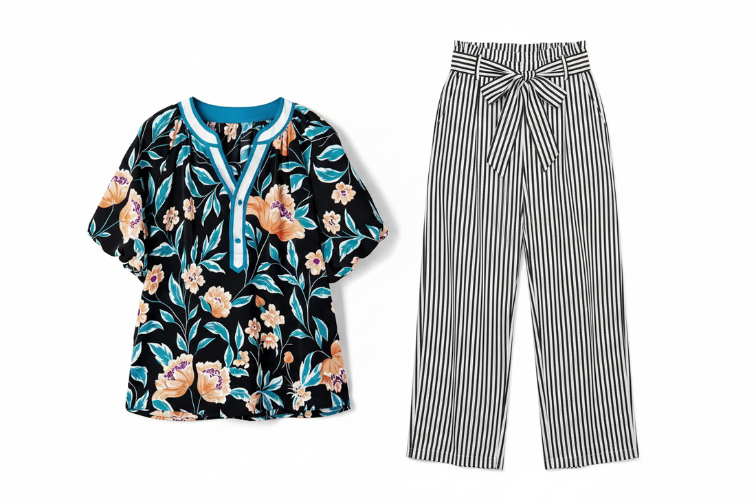 Shop the Look — Floral Bubble Sleeve Blouse + Stripe Loose Straight Pants