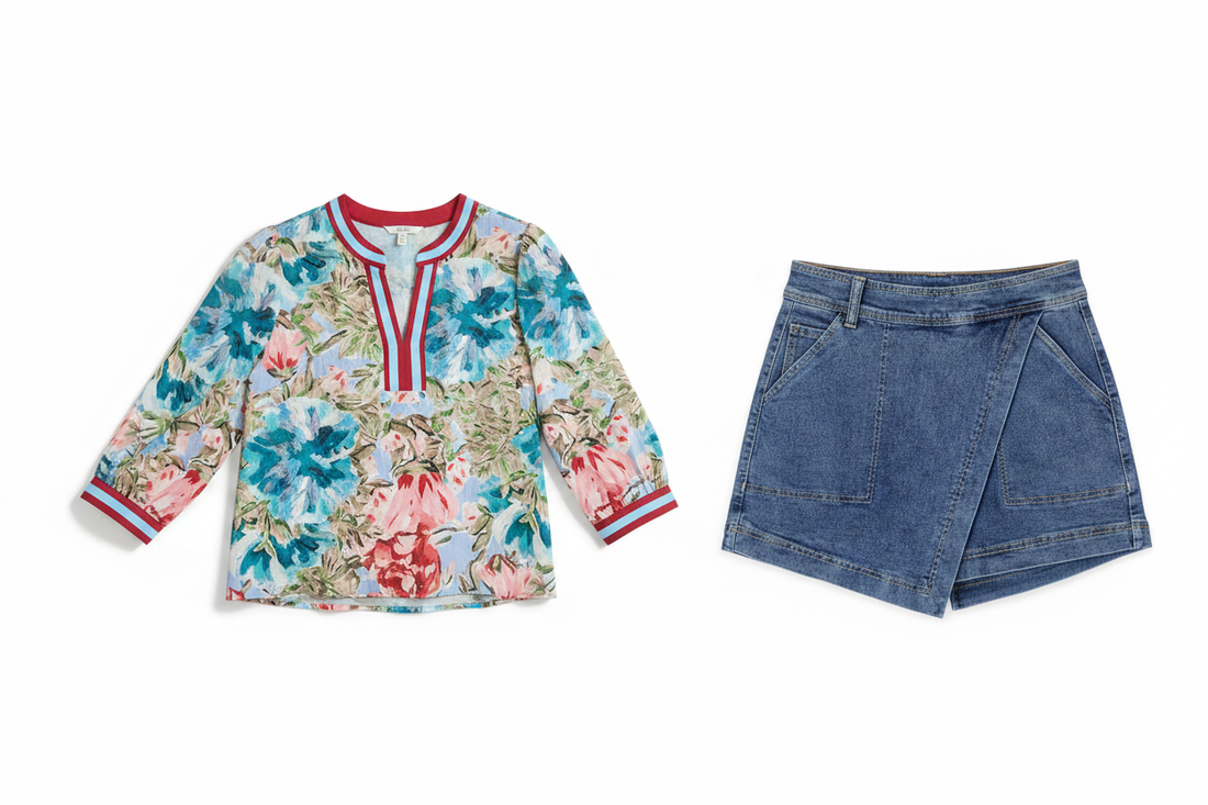 Shop the Look — Floral V-Neck Blouse + Faux Wrapped Mini Denim Skort