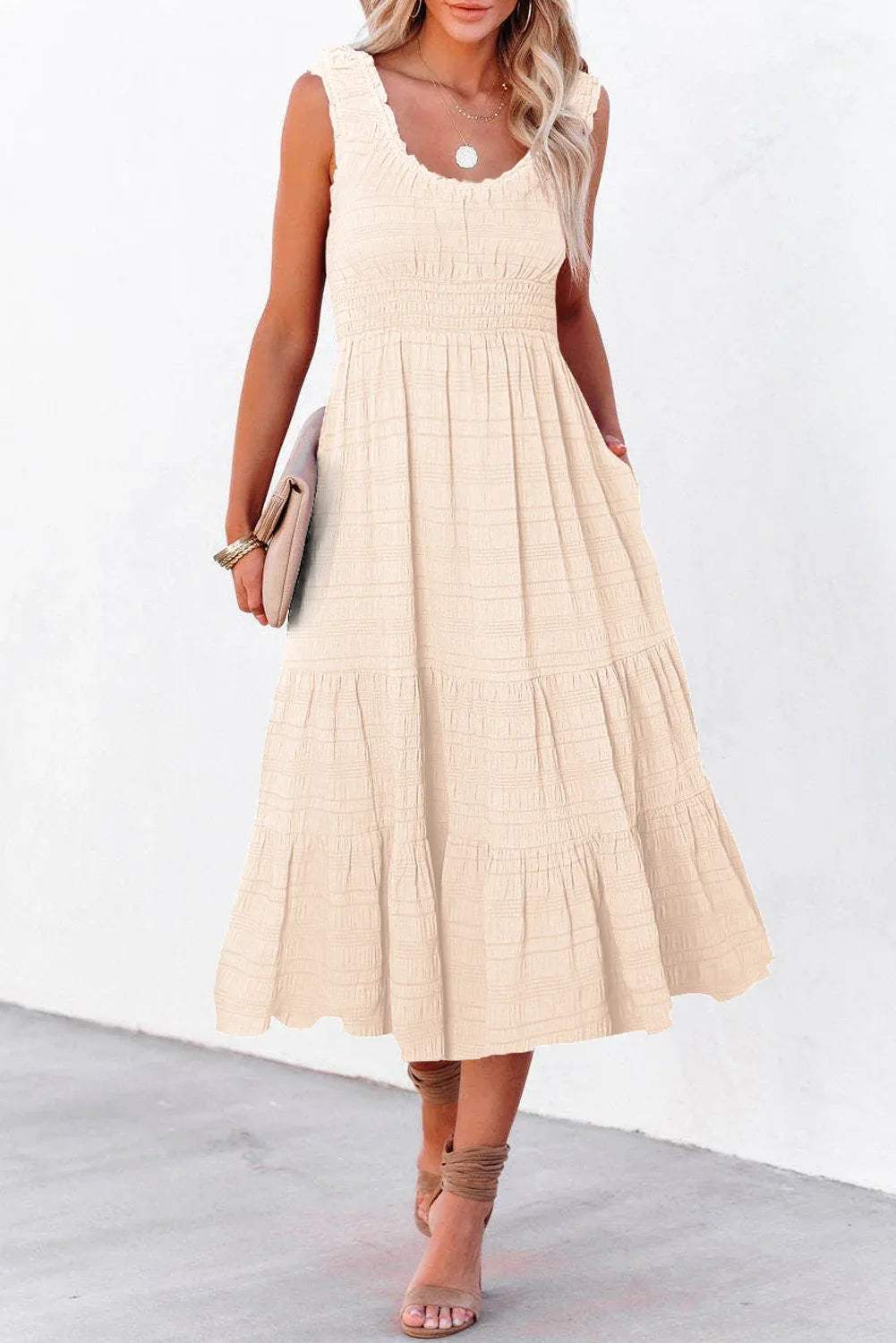 Black Shirred Pleated Square Neck Sleeveless Midi Dress - Sweet Fashion Wholesale