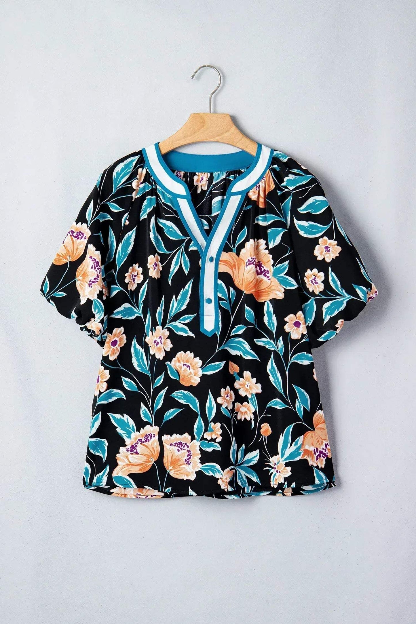 Black Floral Short Bubble Sleeve Buttoned Notched Neck Blouse - Sweet Fashion Wholesale