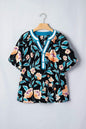 Black Floral Short Bubble Sleeve Buttoned Notched Neck Blouse - Sweet Fashion Wholesale
