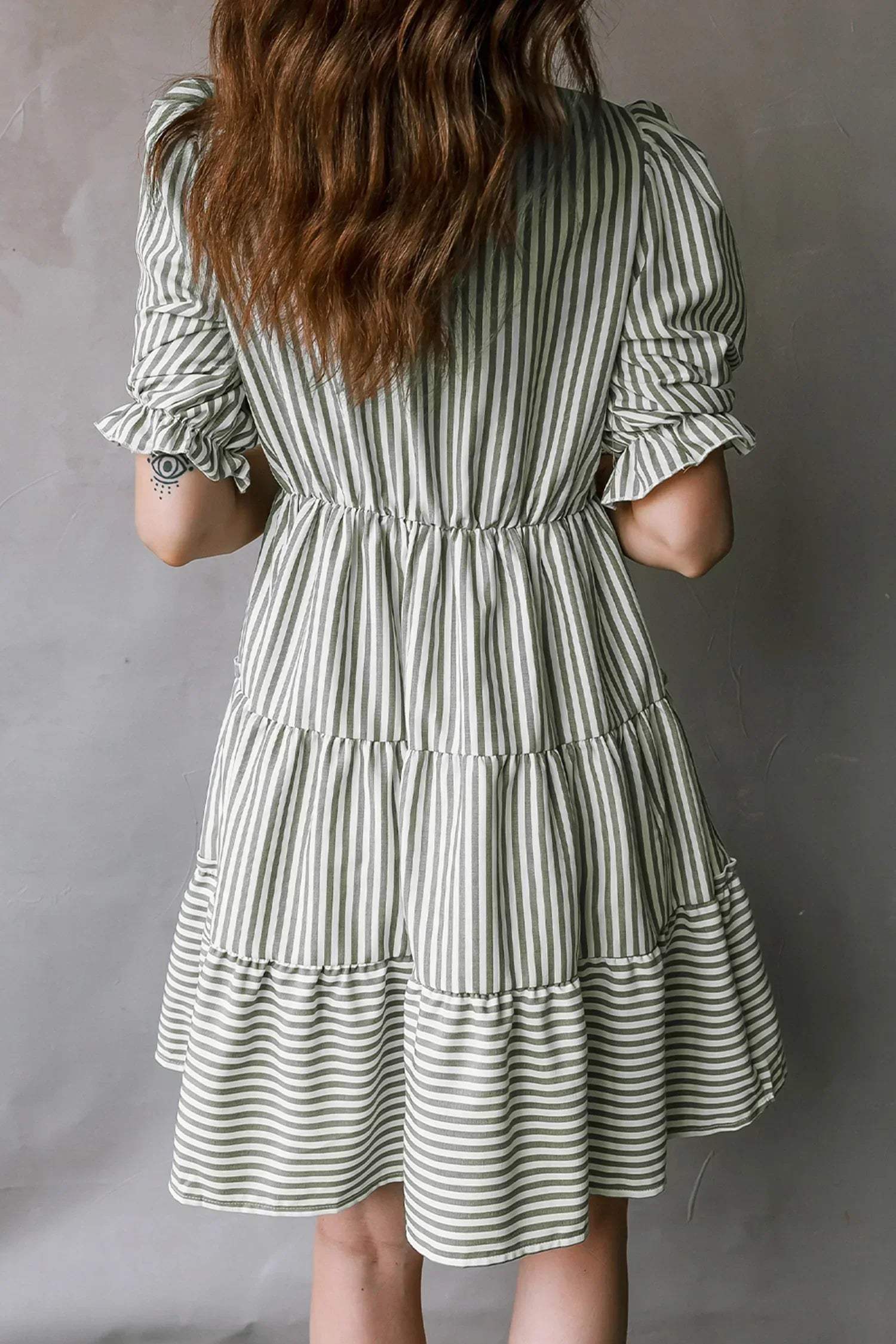 Green Stripe Tasseled Tie Neck Ruffled Short Sleeve Tiered Flattering Dress - Sweet Fashion Wholesale