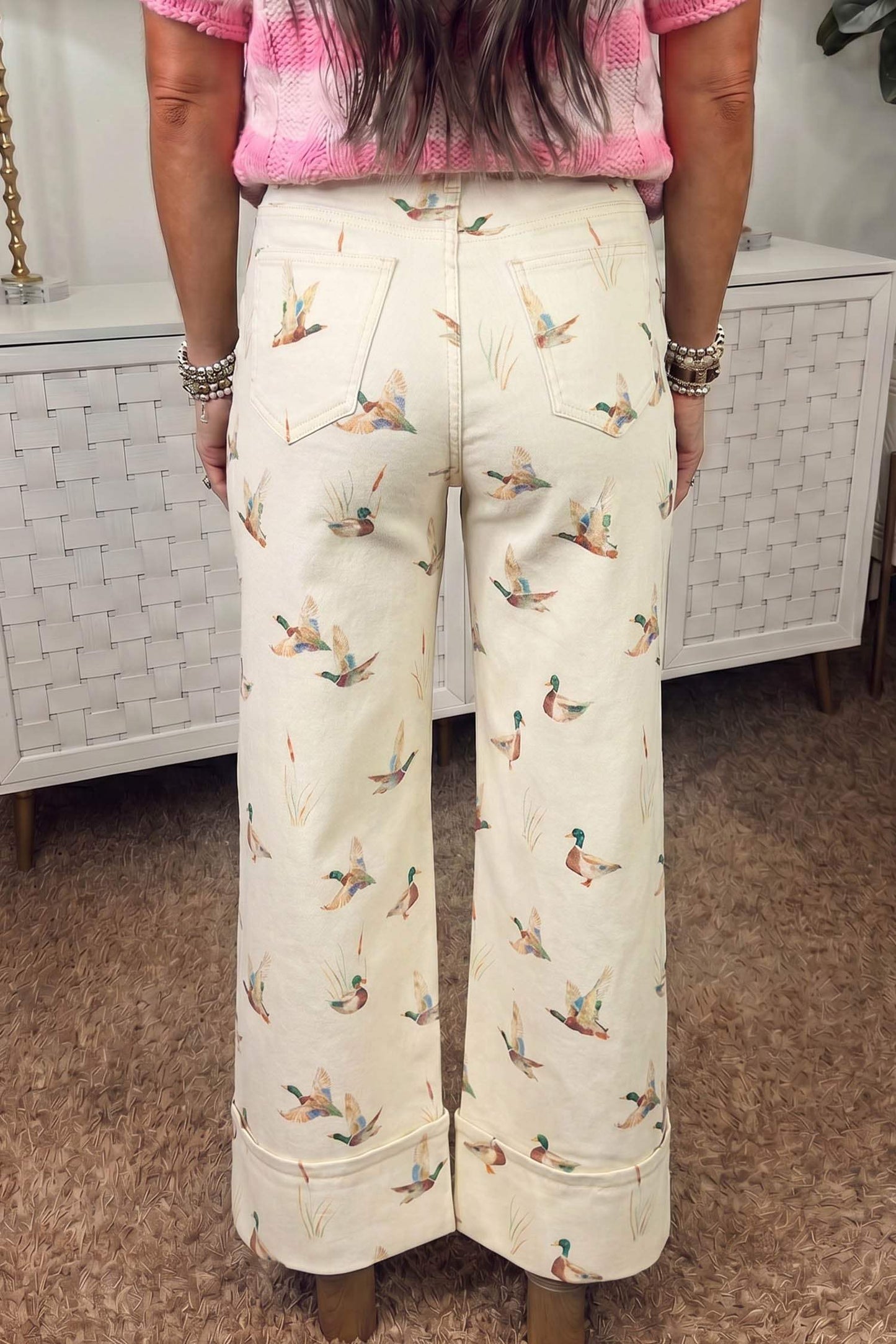 Beige Stylish Mallard Printed Cuffed Hem Shift Jeans