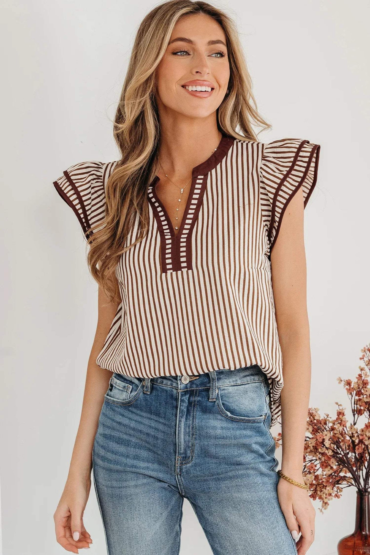 Khaki Stripe Double Ruffled Short Sleeve V Neck Blouse - Sweet Fashion Wholesale