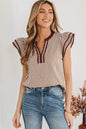 Khaki Stripe Double Ruffled Short Sleeve V Neck Blouse - Sweet Fashion Wholesale