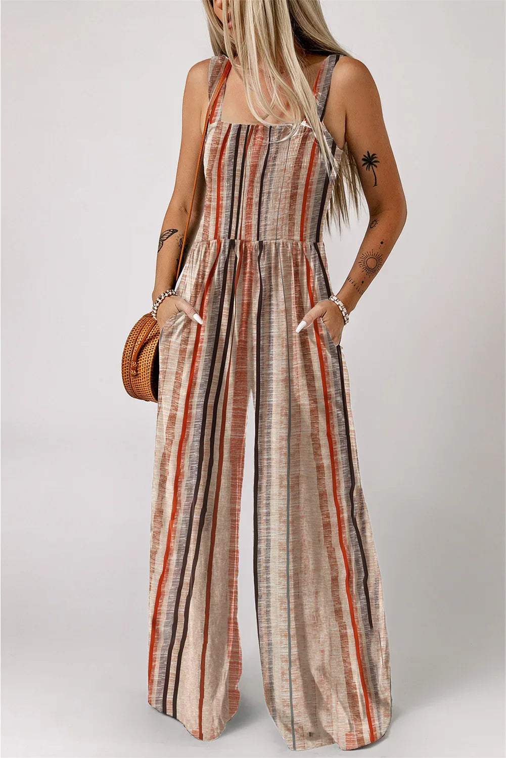 Yellow Stripe Square Neck Sleeveless Smocked Bodice Wide Leg Jumpsuit - Sweet Fashion Wholesale