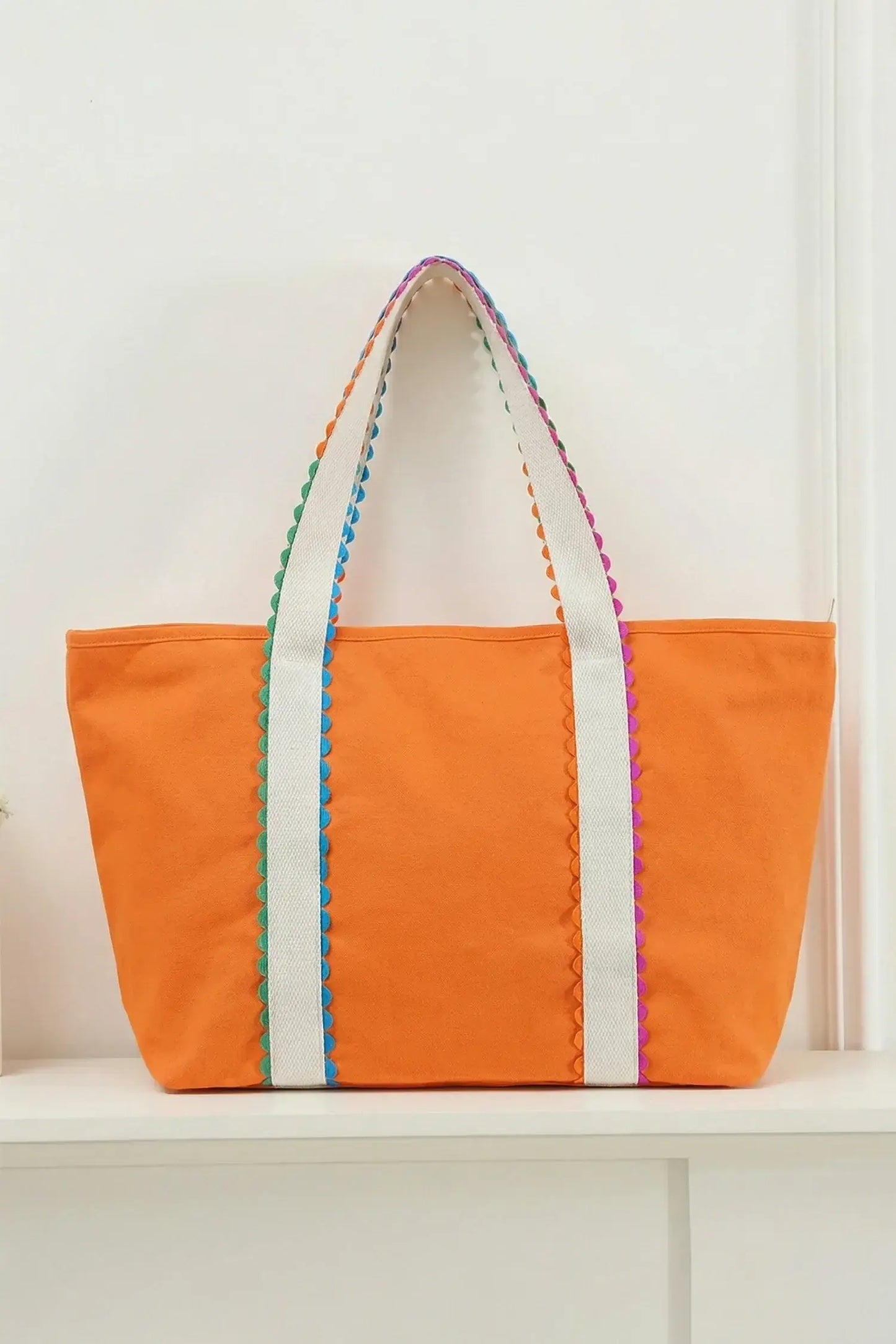 White Colorful Ricrac Detail Canvas Tote Bag
