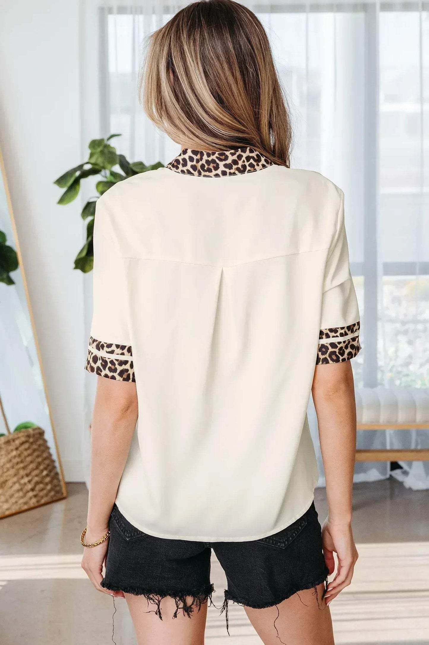 Violet Leopard Patchwork Trim Split Neck Short Sleeve Blouse - Sweet Fashion Wholesale