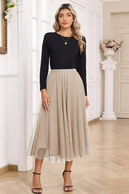 Apricot Tulle Mesh Overlay Flared Midi Skirt - Sweet Fashion Wholesale