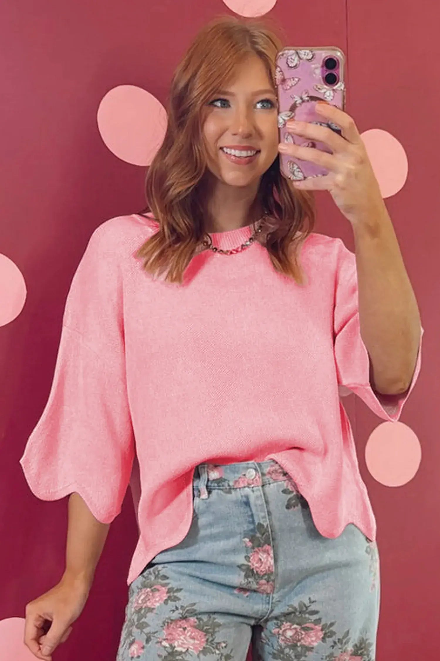 Myosotis Scalloped Hem 3/4 Sleeve Sweater Top - Sweet Fashion Wholesale
