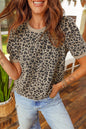 Khaki Textured Leopard Print Crew Neck Short Sleeve Top - Sweet Fashion Wholesale