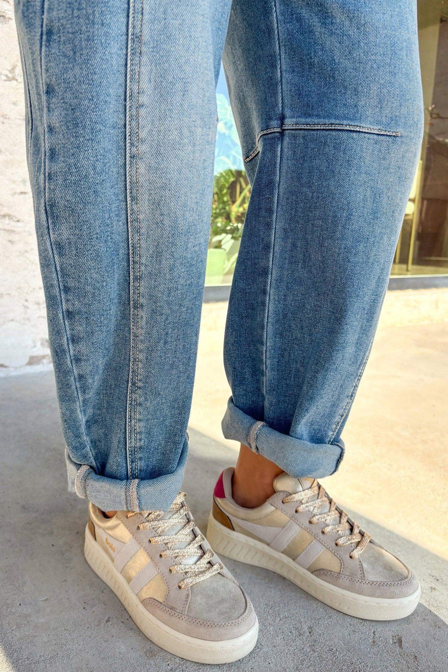 Sky Blue Medium Wash Cuffed Barrel Jeans - Sweet Fashion Wholesale