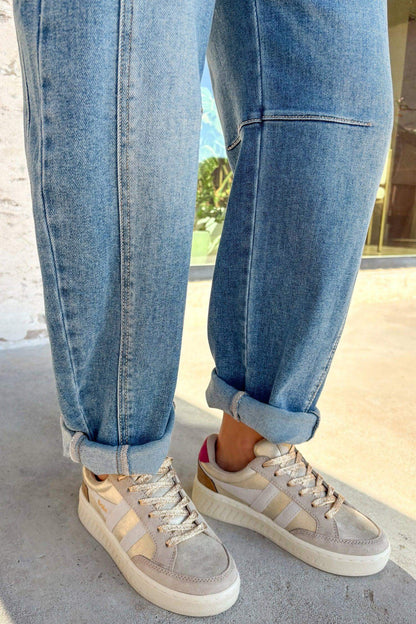 Sky Blue Medium Wash Cuffed Barrel Jeans - Sweet Fashion Wholesale