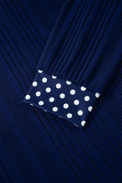 Dirty blue Polka Dot Trimmed V Neck Bow Tie Textured Ribbed Top - Sweet Fashion Wholesale