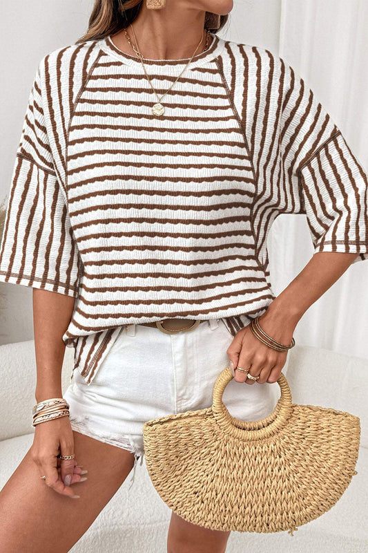 Brown Stripe Textured Knit Split Hem Half Sleeve Loose Top