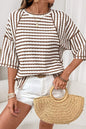 Brown Stripe Textured Knit Split Hem Half Sleeve Loose Top