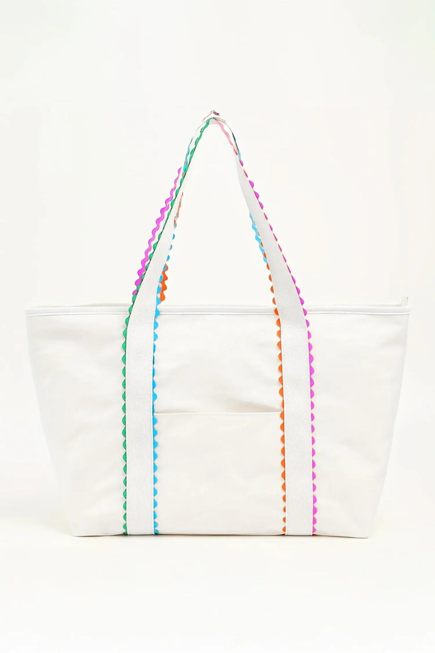 White Colorful Ricrac Detail Canvas Tote Bag