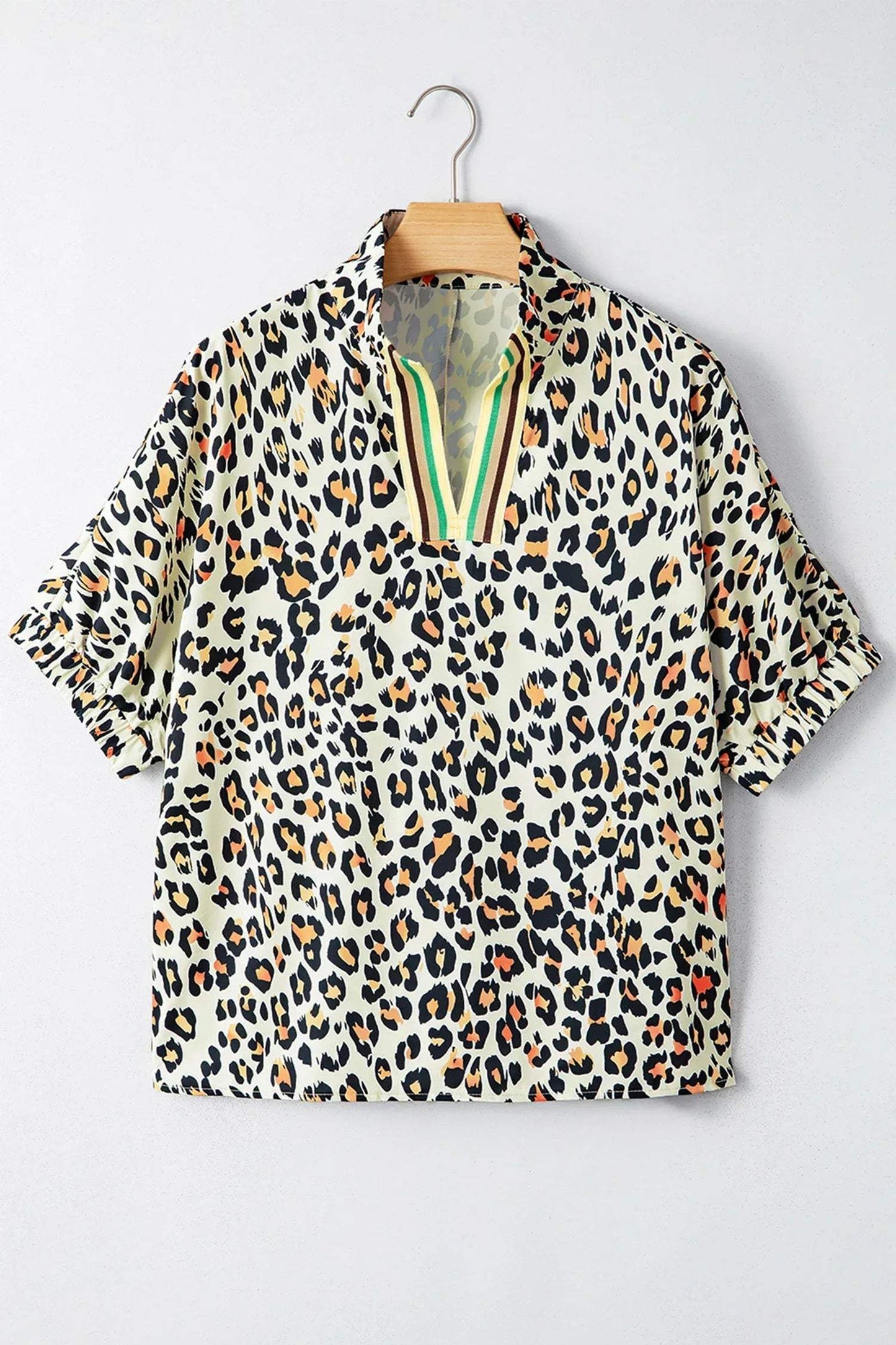 Sky Blue Leopard Color Block Contrast Striped V Neck Half Sleeve Loose Fit Blouse - Sweet Fashion Wholesale