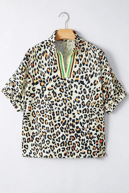 Sky Blue Leopard Color Block Contrast Striped V Neck Half Sleeve Loose Fit Blouse - Sweet Fashion Wholesale