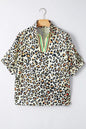 Sky Blue Leopard Color Block Contrast Striped V Neck Half Sleeve Loose Fit Blouse - Sweet Fashion Wholesale