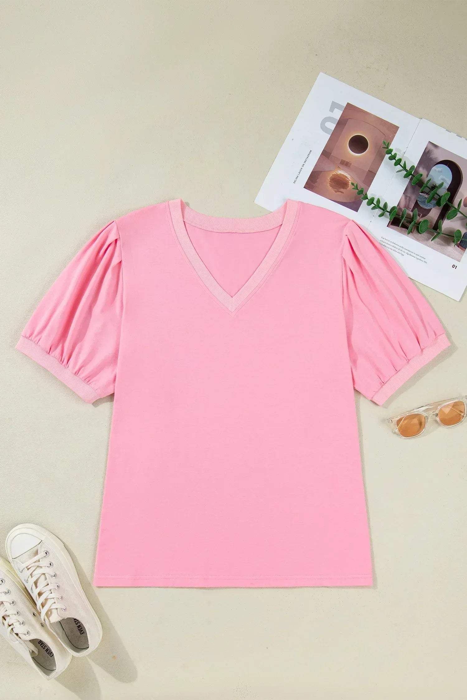 Bonbon V Neck Pleated Short Puff Sleeve Plus Size Blouse - Sweet Fashion Wholesale