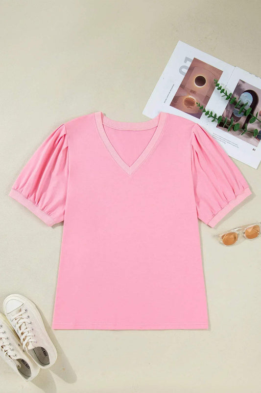 Bonbon V Neck Pleated Short Puff Sleeve Plus Size Blouse - Sweet Fashion Wholesale