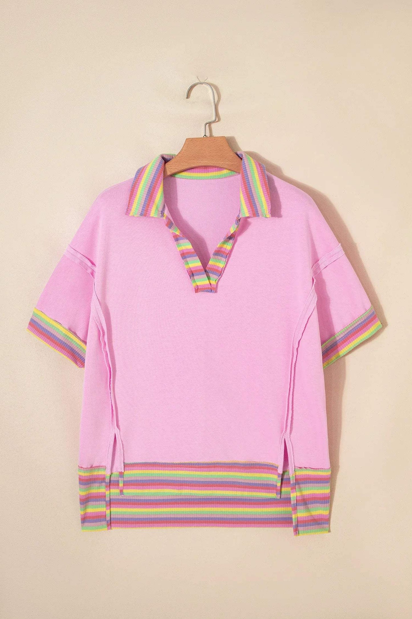 Pink Rainbow Stripe Ribbed Patchwork Raw Seam Oversize Polo Tee - Sweet Fashion Wholesale