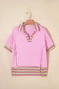Pink Rainbow Stripe Ribbed Patchwork Raw Seam Oversize Polo Tee - Sweet Fashion Wholesale