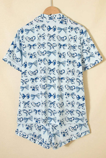 Sky Blue Bow Print Short Pajama Set - Sweet Fashion Wholesale