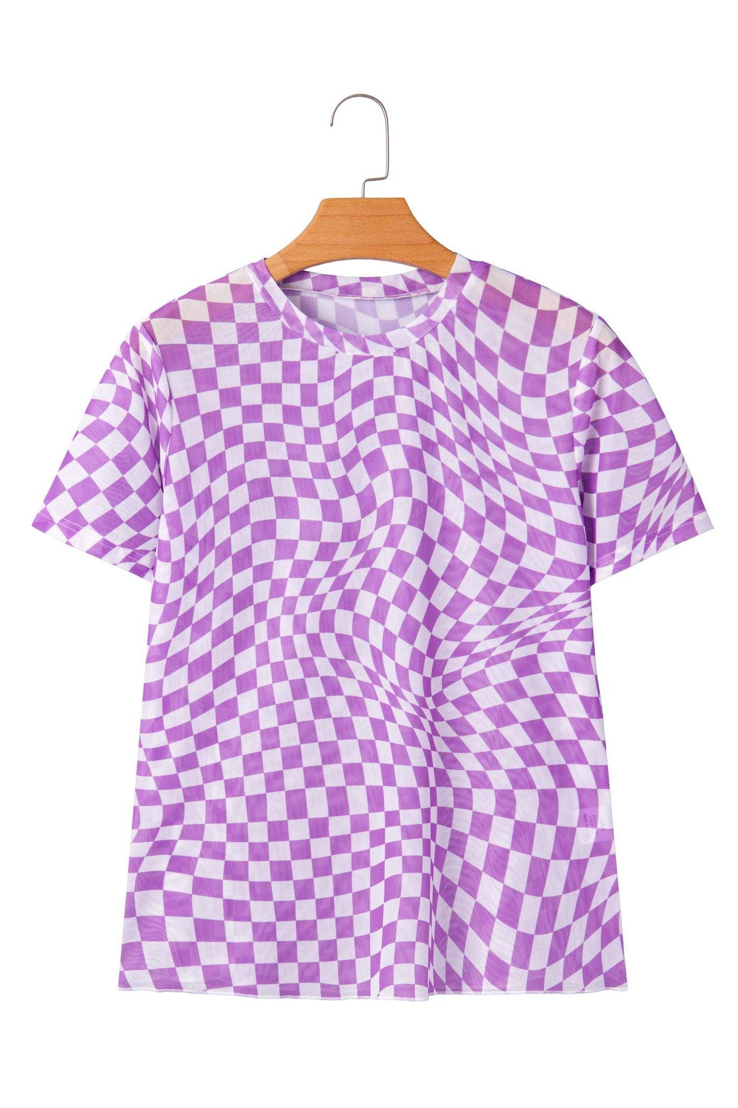 Orange Checkered Print Crew Neck Mesh T Shirt