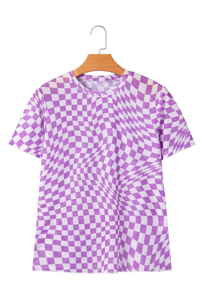 Orange Checkered Print Crew Neck Mesh T Shirt