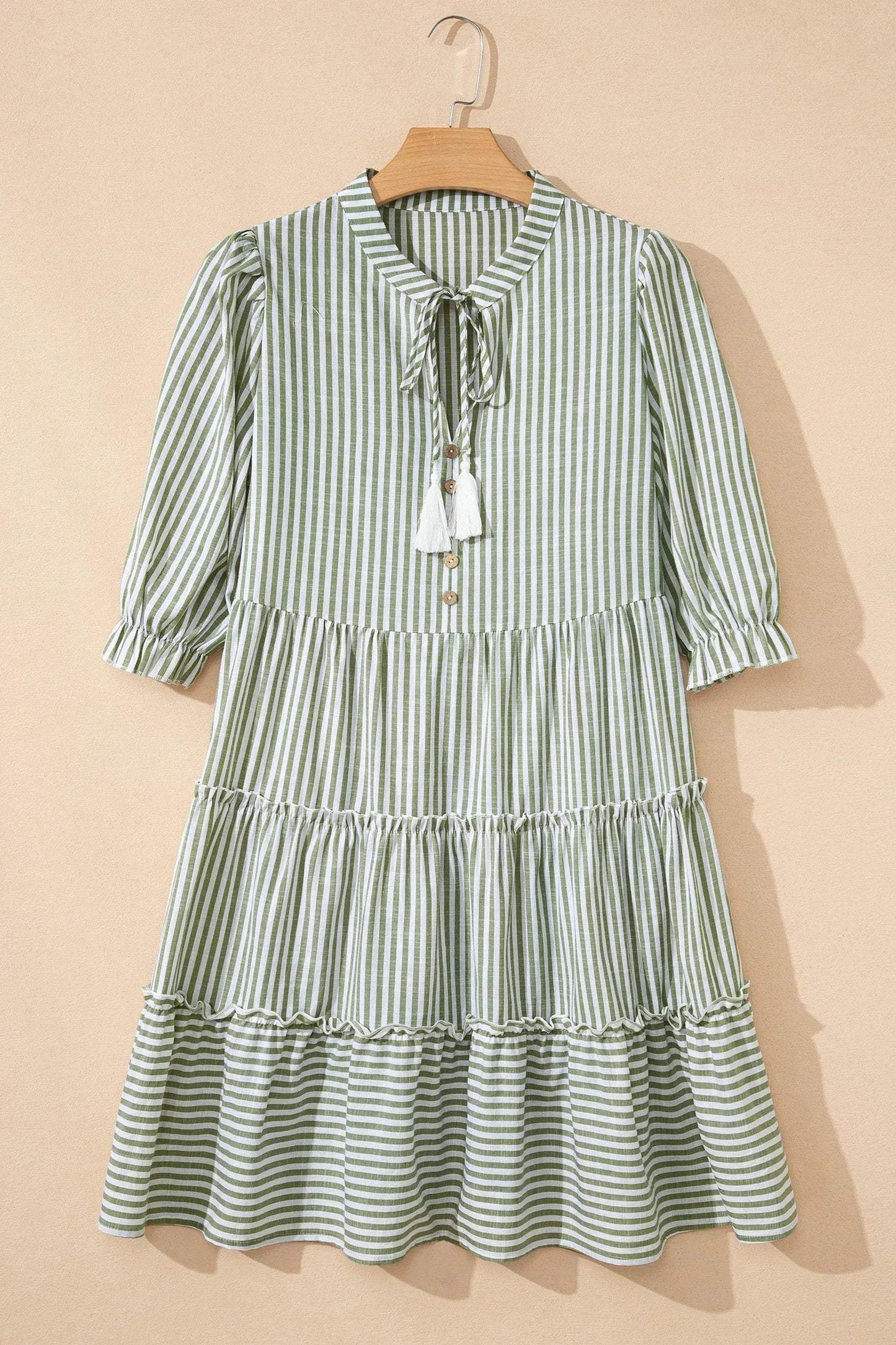 Green Stripe Tasseled Tie Neck Ruffled Short Sleeve Tiered Flattering Dress - Sweet Fashion Wholesale