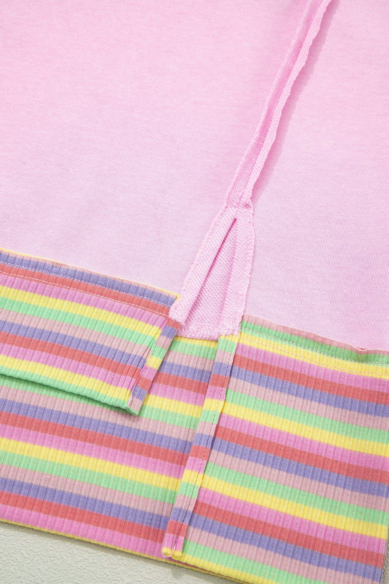 Pink Rainbow Stripe Ribbed Patchwork Raw Seam Oversize Polo Tee - Sweet Fashion Wholesale