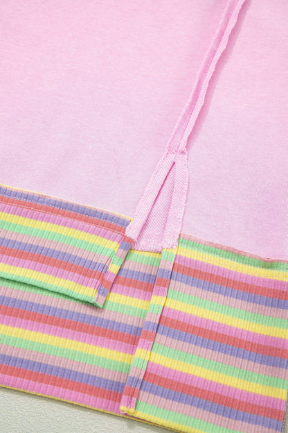 Pink Rainbow Stripe Ribbed Patchwork Raw Seam Oversize Polo Tee - Sweet Fashion Wholesale