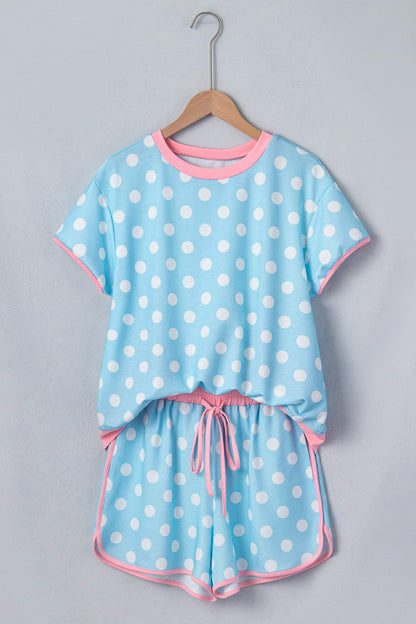 Sky Blue Polka Dot Contrast Edge Casual Short Set
