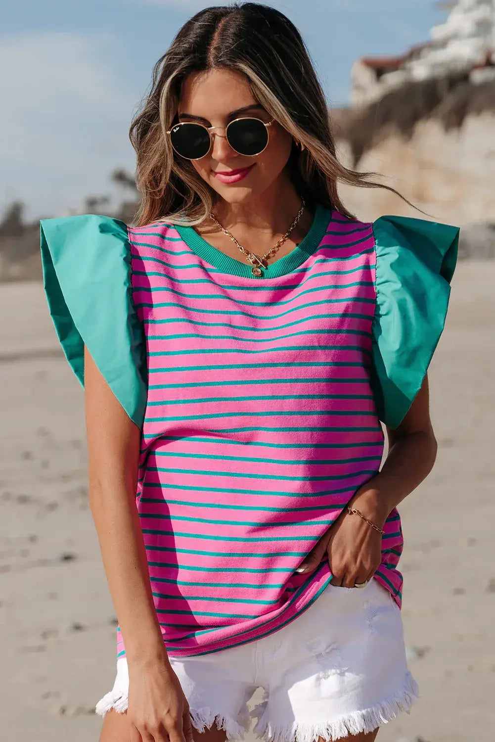 Pink Stripe Colorblock Ruffled Sleeve Crew Neck Blouse
