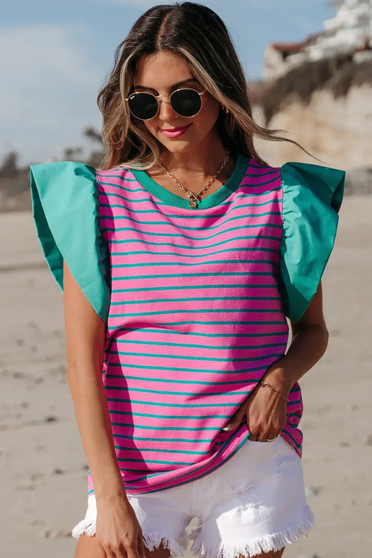 Pink Stripe Colorblock Ruffled Sleeve Crew Neck Blouse