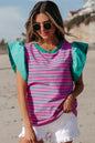 Pink Stripe Colorblock Ruffled Sleeve Crew Neck Blouse