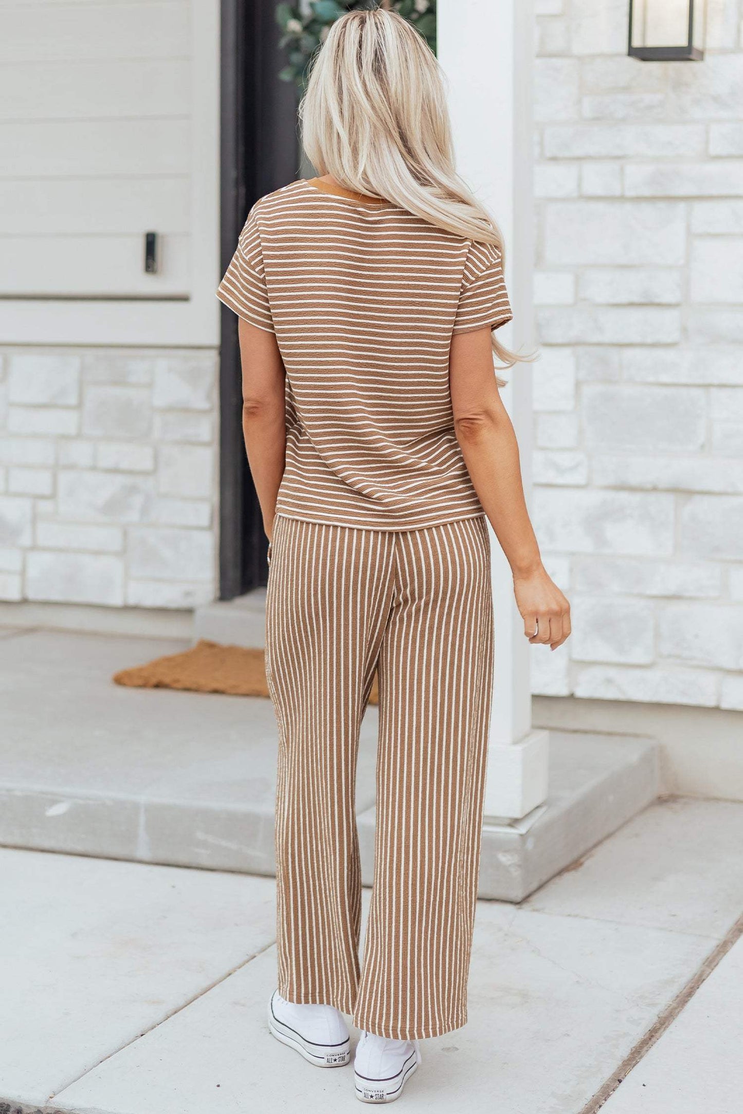 Sky Blue Stripe Crew Neck Tee Drawstring Waist Cropped Pants Set
