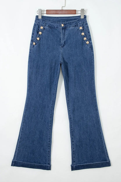 Ashleigh Blue Golden Button Detail Rolled Edge Flare Leg Jeans - Sweet Fashion Wholesale