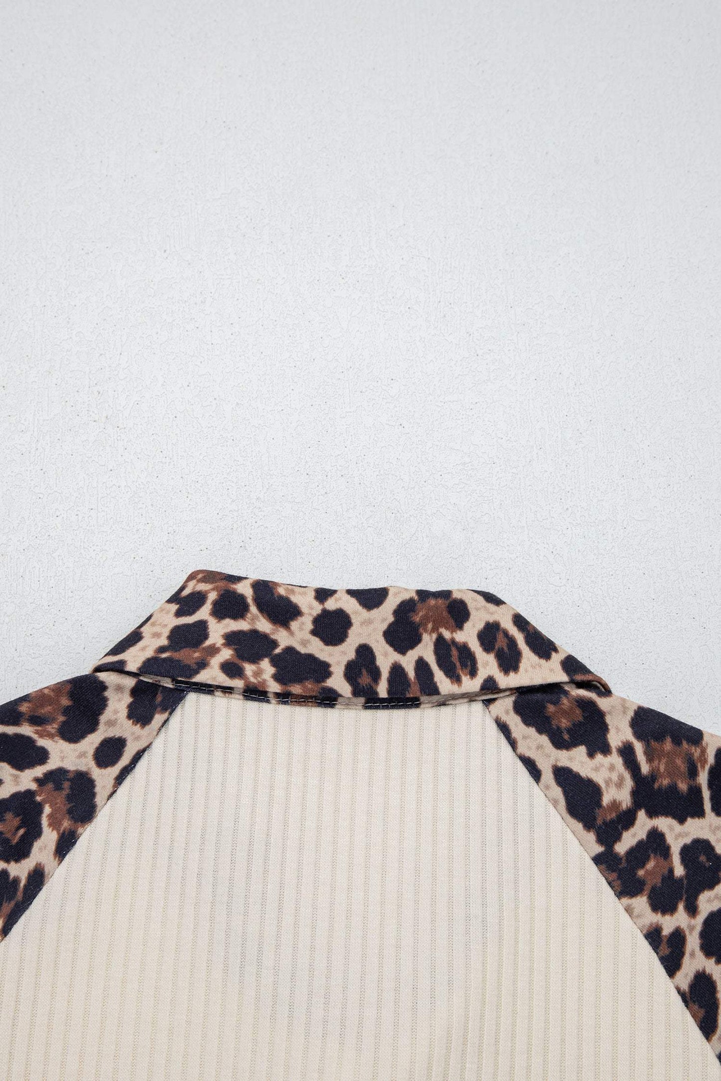 White Ribbed Texture Button Down Leopard Patchwork Short Sleeve Shirt